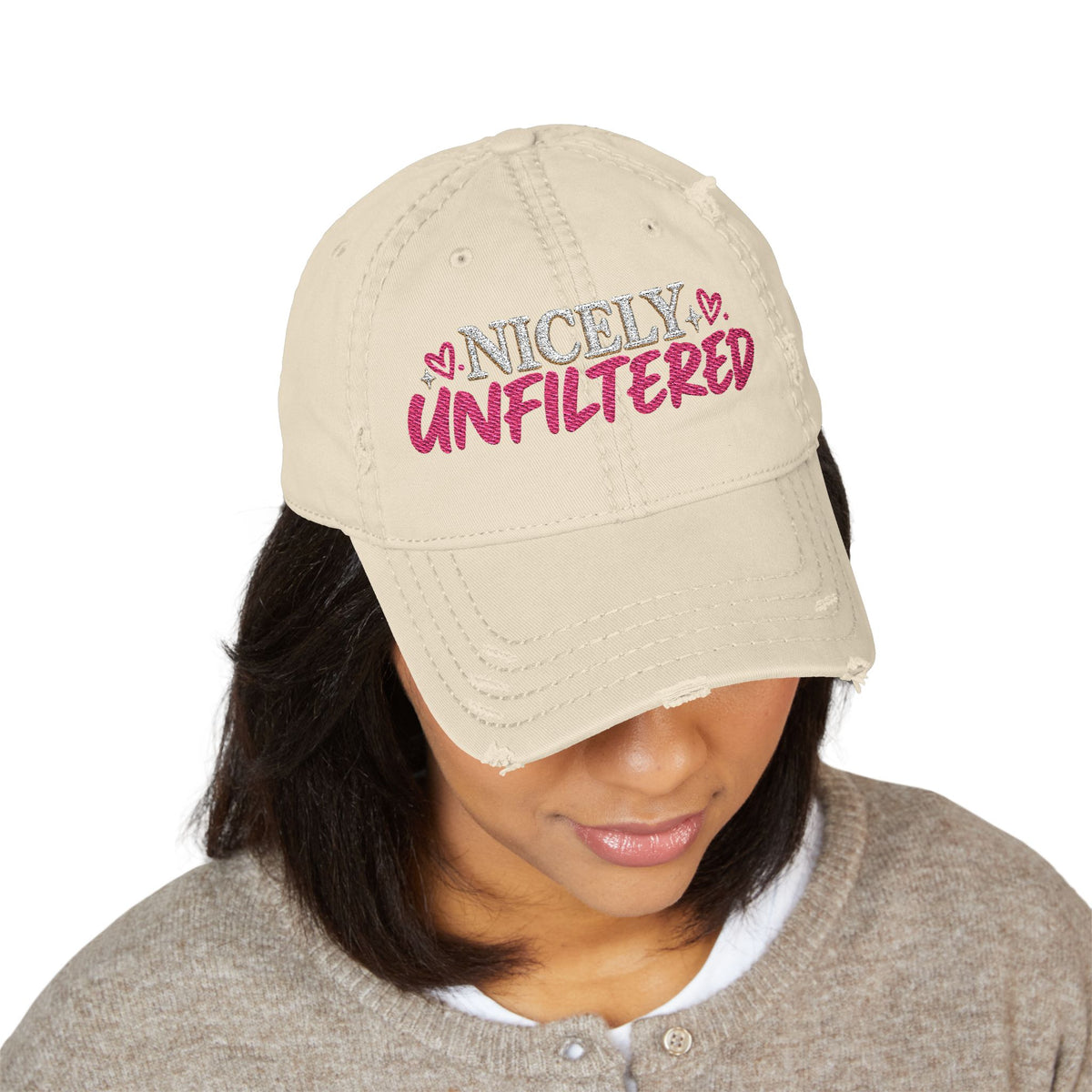 Nicely Unfiltered Embroidered Distressed Hat | Funny Women's Cap