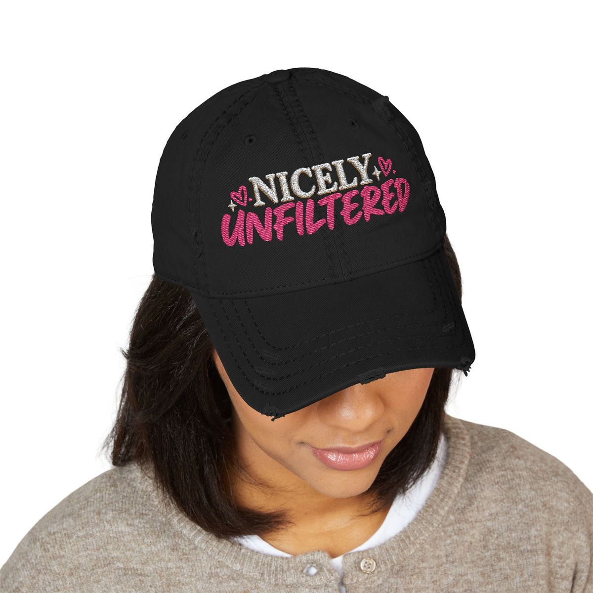 Nicely Unfiltered Embroidered Distressed Hat | Funny Women's Cap