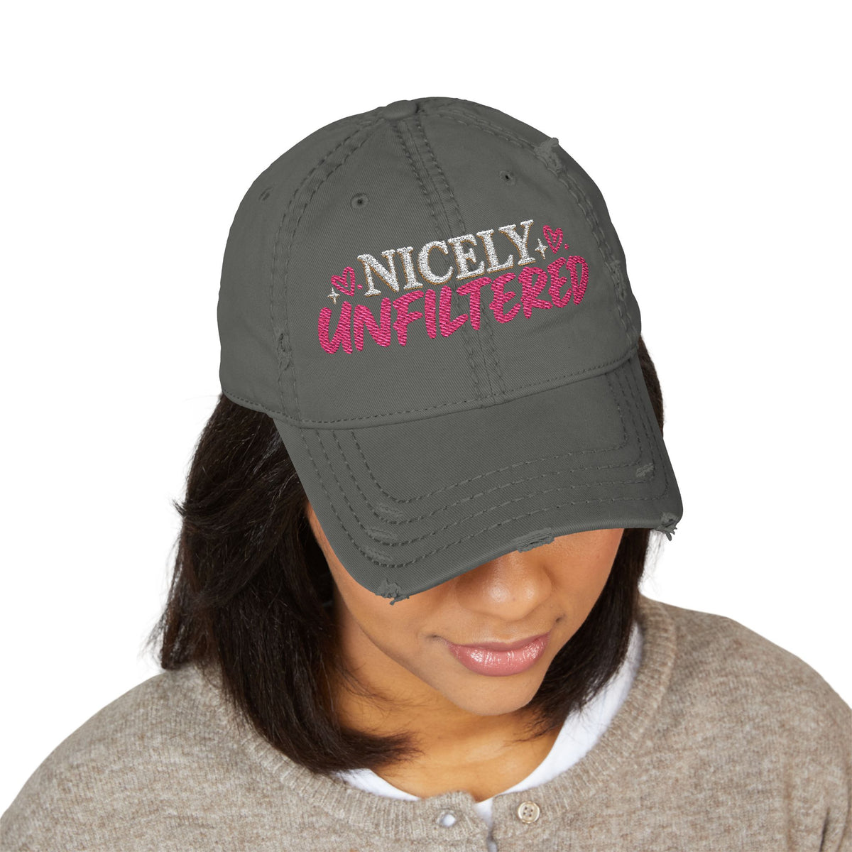 Nicely Unfiltered Embroidered Distressed Hat | Funny Women's Cap