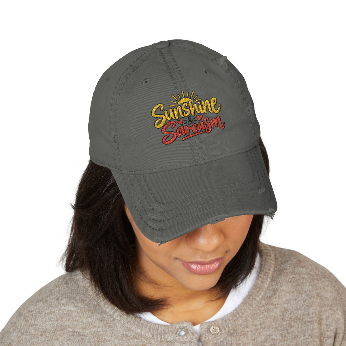 Sunshine & Sarcasm Embroidered Distressed  Hat